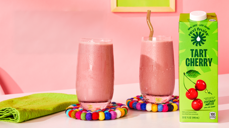 Two glasses of Tart Cherry Recovery Smoothie made from Revl Fruits Tart Cherry Juice.