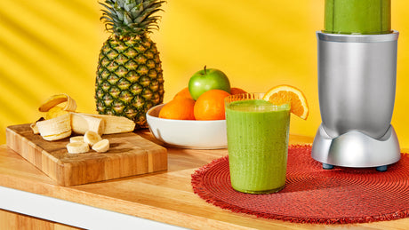 Tropical green smoothie made from Revl Fruits juice.