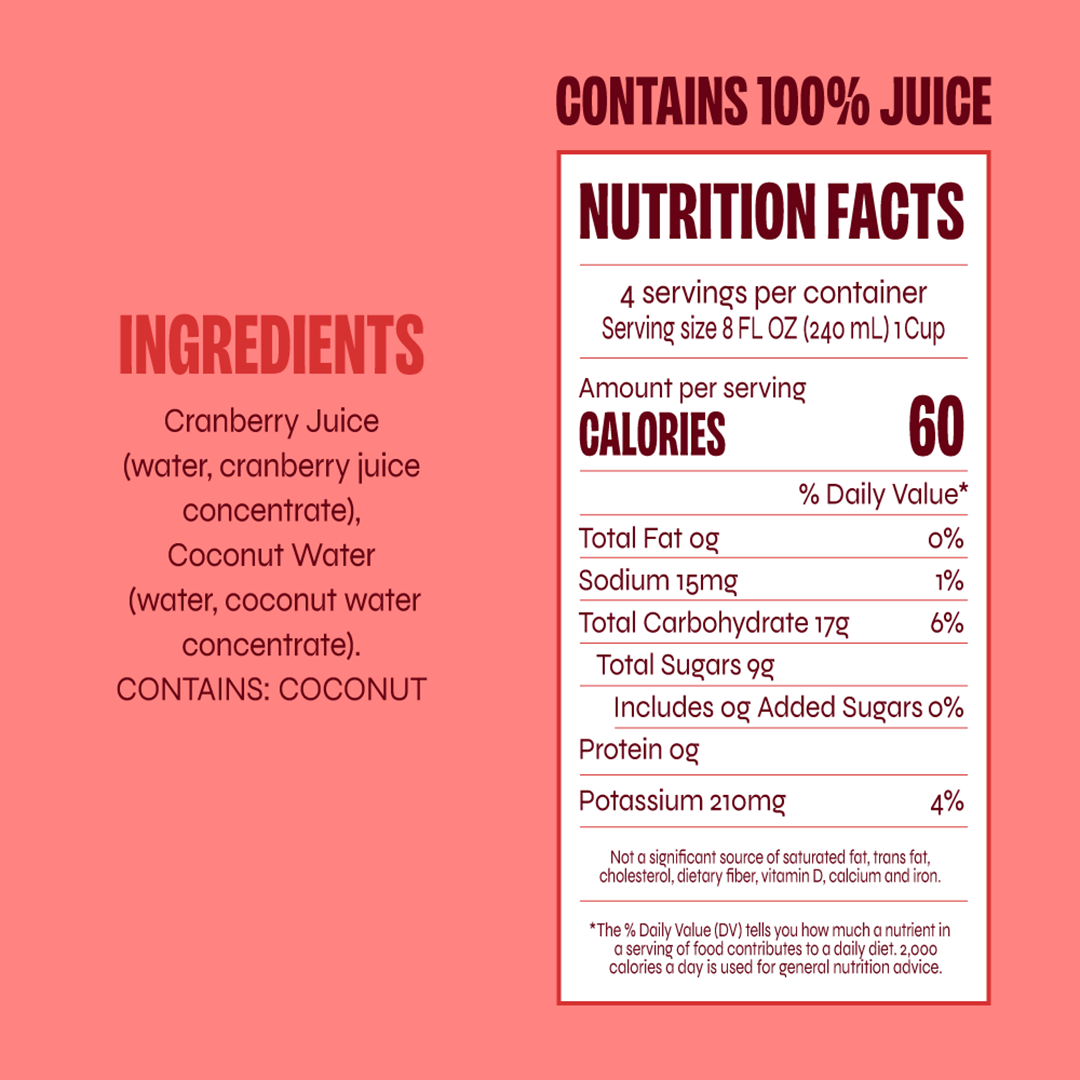 Boldly Cran ingredients. Cranberry juice, coconut water. Contains coconut.