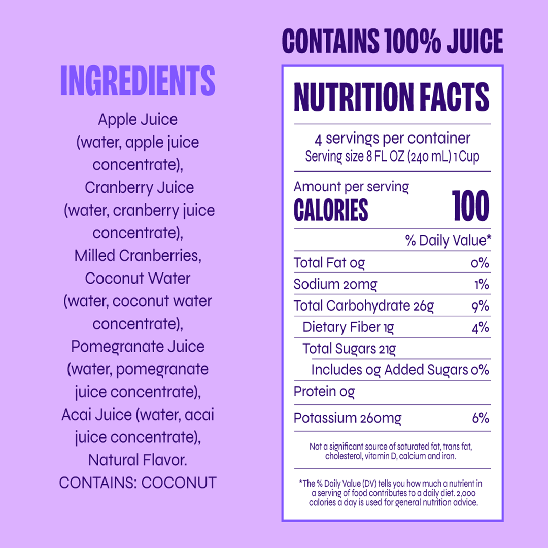 Berry Wild Ingredients: apple juice, cranberry juice, milled cranberries, coconut water, pomegranate juice, acai juice, natural flavor. Contains coconut.