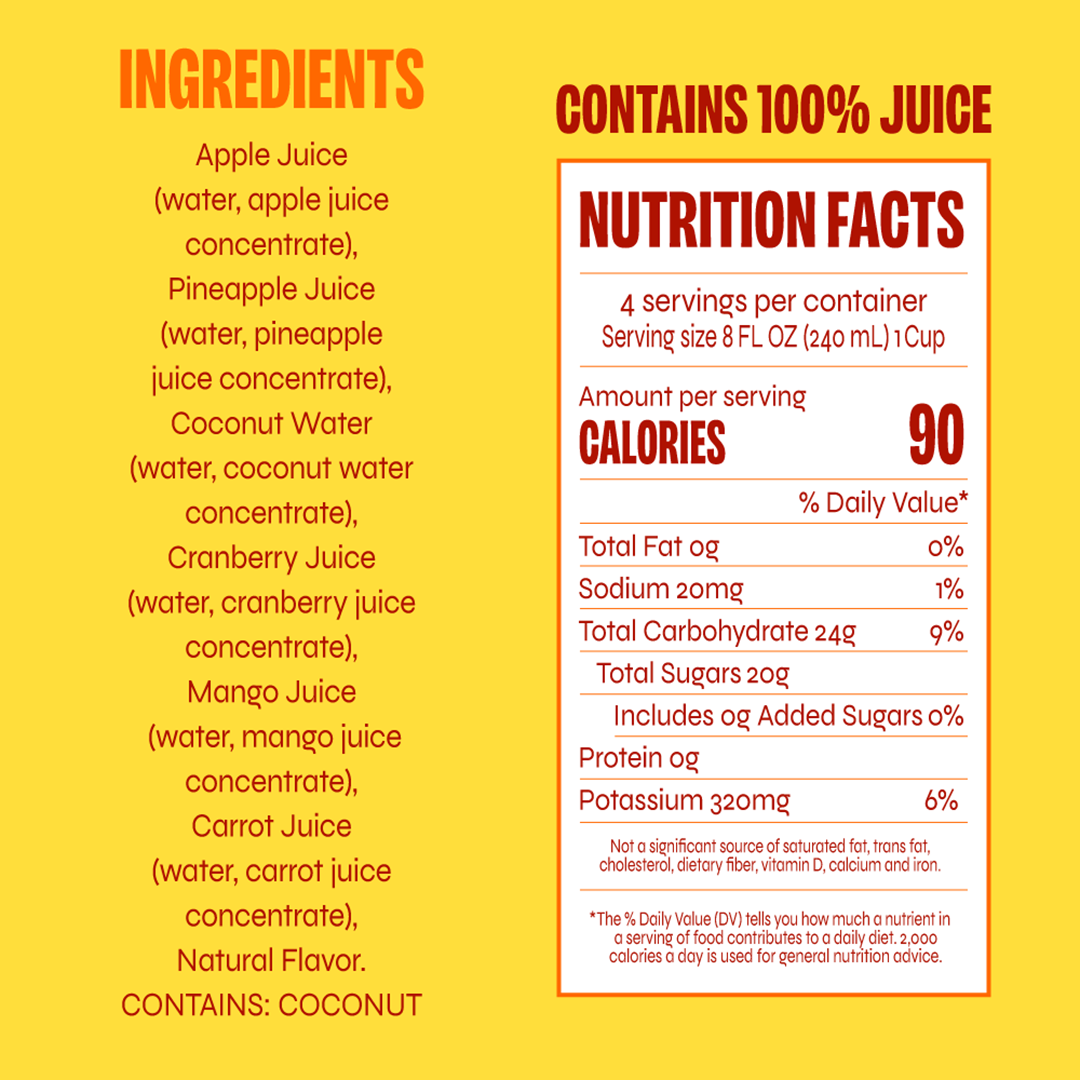 Ingredients in Truly Tropical Revl Fruit Juice: apple juice, mango juice, coconut water, cranberry juice, pineapple juice, and carrot juice. Natural flavor. Contains coconut.