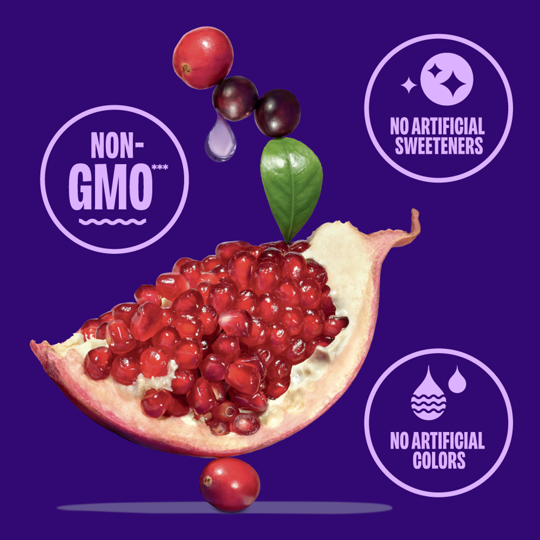 Non-GMO, no artificial colors, no artificial sweeteners around pomogranate and cherry.