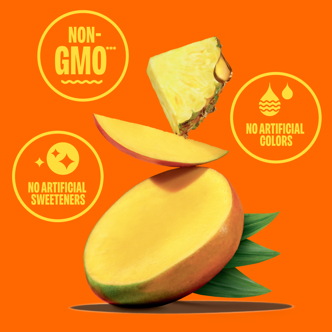 Mango and pineapple slices featured in Revl Fruits. Non-GMO, no artificial colors, no artificial sweeteners.