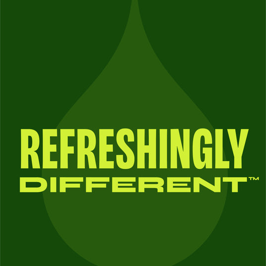 Text reading "Refreshingly Different" in lime green against a dark green background.