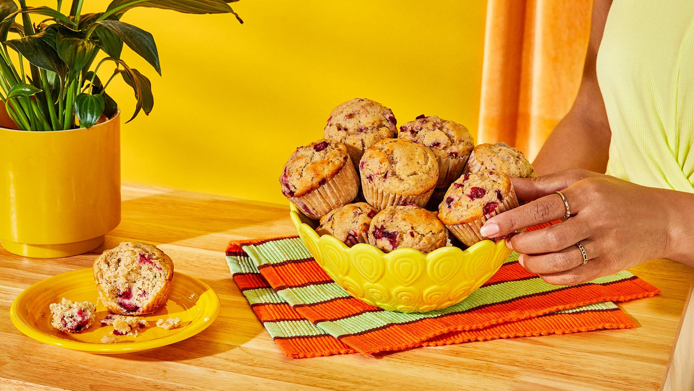 Double cranberry muffins made with Revl Fruits Bold Cran juice.