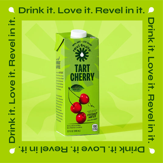 Carton of Revl Fruits 100% Tart Cherry juice with a lime green background. Text across the image reads "Drink it. Love it. Revel in it."